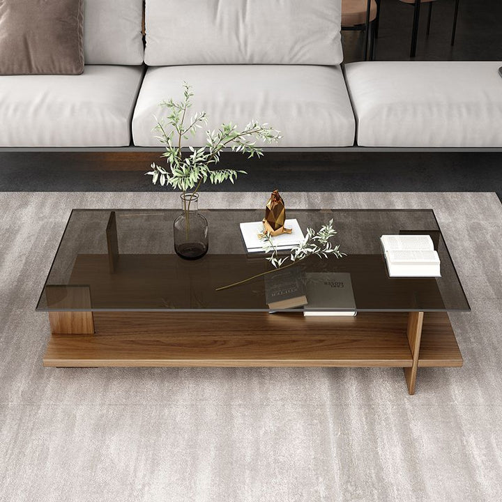 Moderner minimalistischer rechteckiger Couchtisch aus gehärtetem Glas und Spanplatte mit 2 Ebenen für das Wohnzimmer 