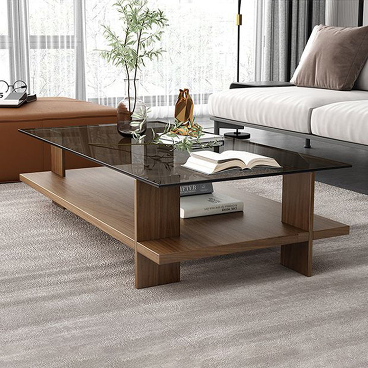 Moderner minimalistischer rechteckiger Couchtisch aus gehärtetem Glas und Spanplatte mit 2 Ebenen für das Wohnzimmer 