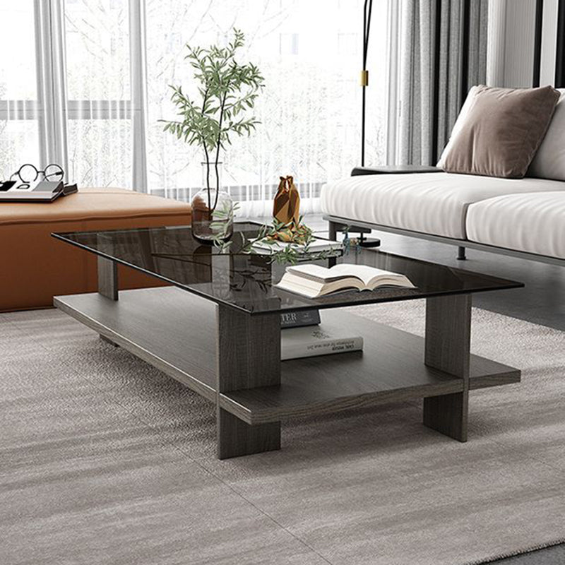 Moderner minimalistischer rechteckiger Couchtisch aus gehärtetem Glas und Spanplatte mit 2 Ebenen für das Wohnzimmer 