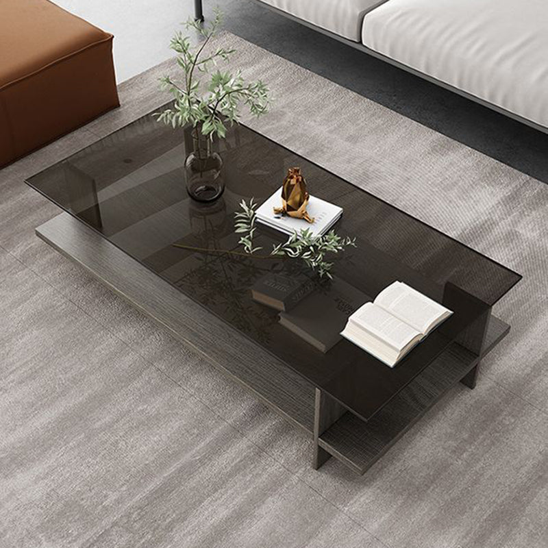 Moderner minimalistischer rechteckiger Couchtisch aus gehärtetem Glas und Spanplatte mit 2 Ebenen für das Wohnzimmer 