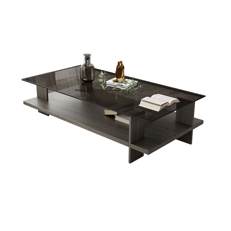Moderner minimalistischer rechteckiger Couchtisch aus gehärtetem Glas und Spanplatte mit 2 Ebenen für das Wohnzimmer 