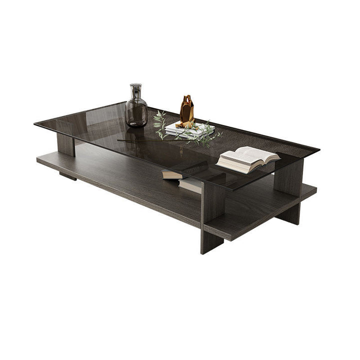 Moderner minimalistischer rechteckiger Couchtisch aus gehärtetem Glas und Spanplatte mit 2 Ebenen für das Wohnzimmer 