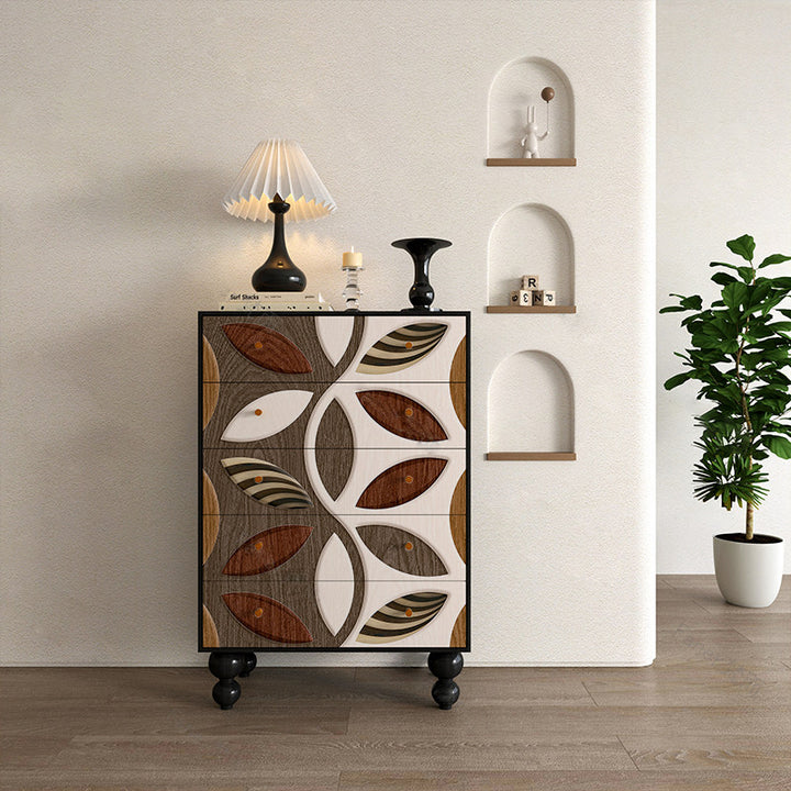 Armoire de rangement artistique contemporaine en bois massif avec façades de tiroirs sculptées, 5 tiroirs pour salon 