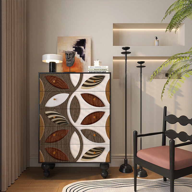 Armoire de rangement artistique contemporaine en bois massif avec façades de tiroirs sculptées, 5 tiroirs pour salon 