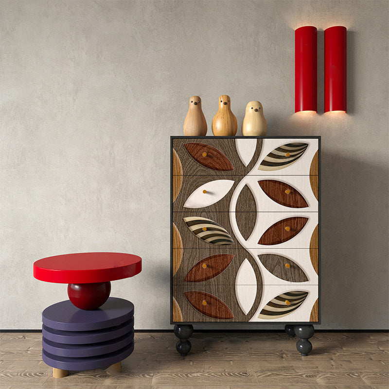 Armoire de rangement artistique contemporaine en bois massif avec façades de tiroirs sculptées, 5 tiroirs pour salon 