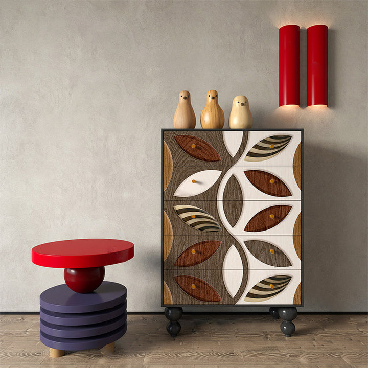 Armoire de rangement artistique contemporaine en bois massif avec façades de tiroirs sculptées, 5 tiroirs pour salon 