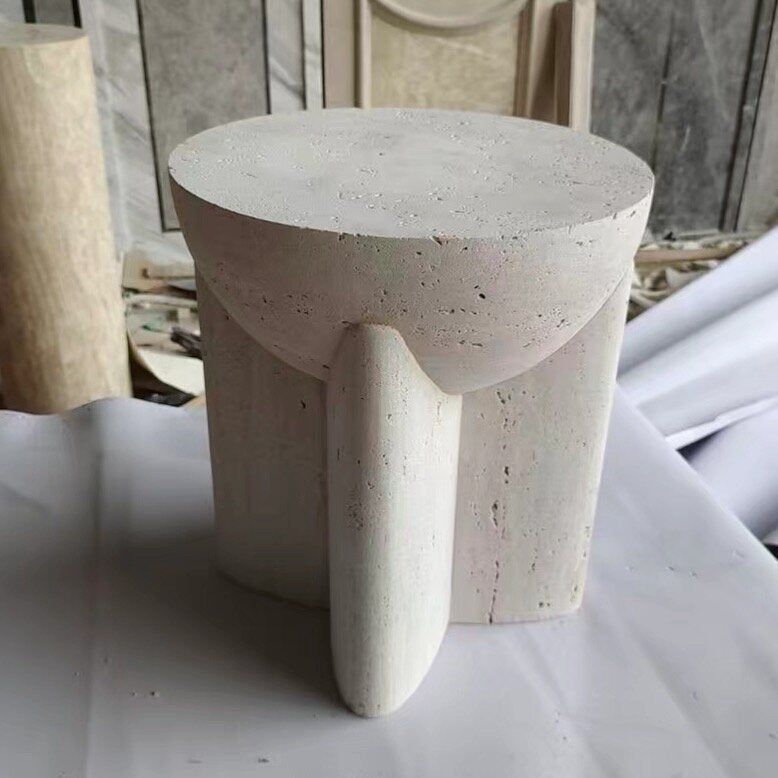 Modern Minimalist Cream Travertine Round Refined Side Table Solid Stone Accent End Table For Living Room &amp; Bedroom