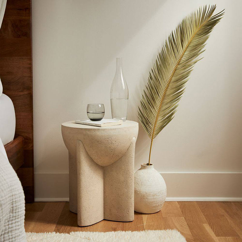 Modern Minimalist Cream Travertine Round Refined Side Table Solid Stone Accent End Table For Living Room &amp; Bedroom
