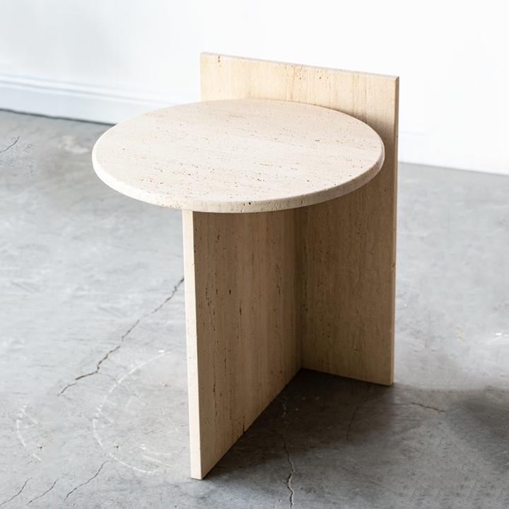 Modern Minimalist Yellow Travertine Round Side Table Sculptural Stone End Table For Living Room & Bedroom