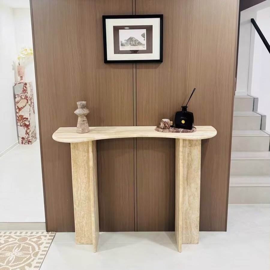 Moderner minimalistischer Premium-Konsolentisch aus natürlichem Travertin für Flur &amp; Wohnzimmer 