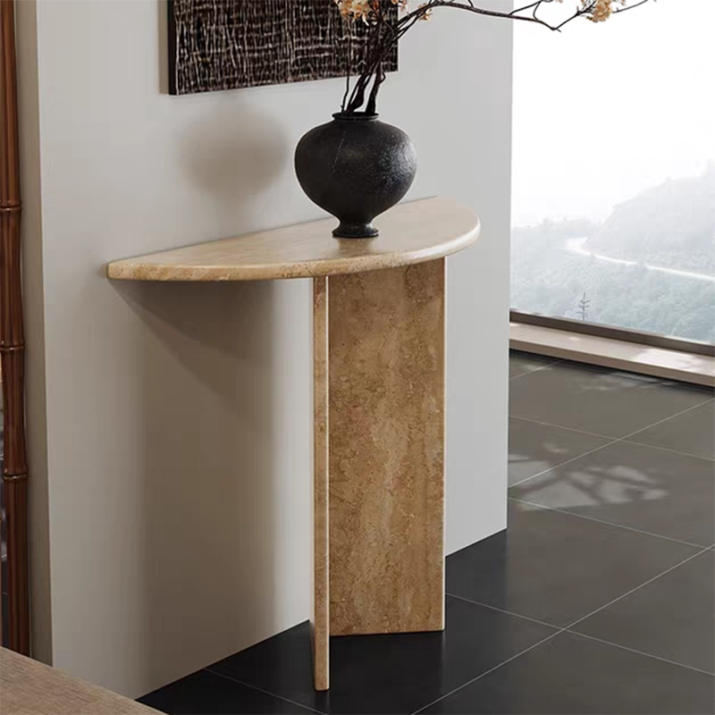 Table console demi-lune en travertin naturel moderne et minimaliste, adossée au mur, peu encombrante, pour salon et entrée 