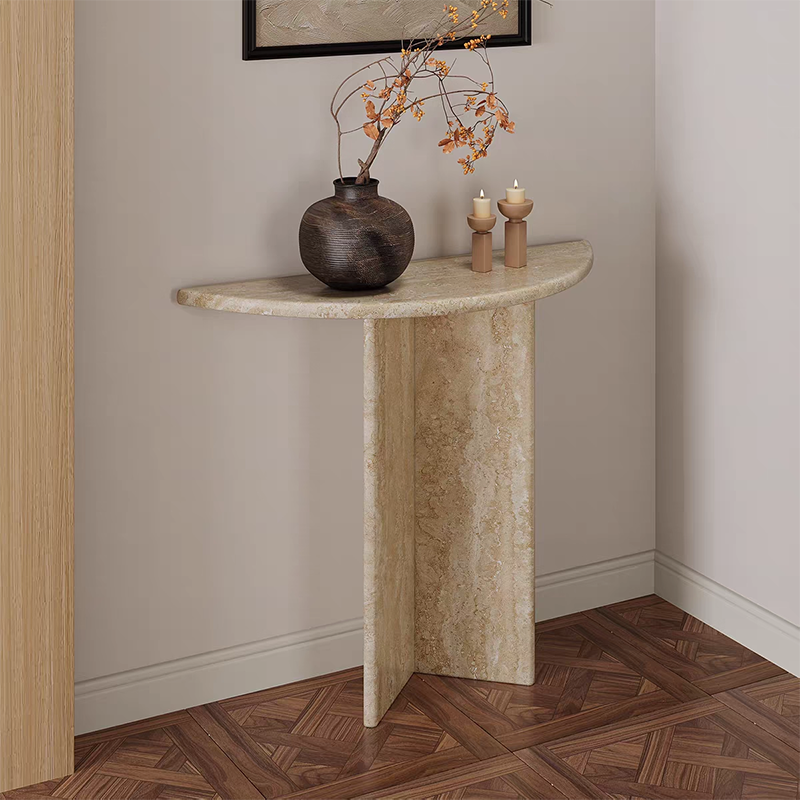 Table console demi-lune en travertin naturel moderne et minimaliste, adossée au mur, peu encombrante, pour salon et entrée 