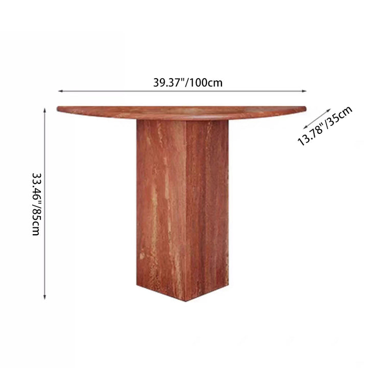 Table console demi-lune en travertin naturel moderne et minimaliste, adossée au mur, peu encombrante, pour salon et entrée 