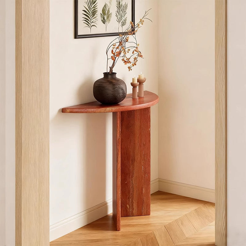 Table console demi-lune en travertin naturel moderne et minimaliste, adossée au mur, peu encombrante, pour salon et entrée 