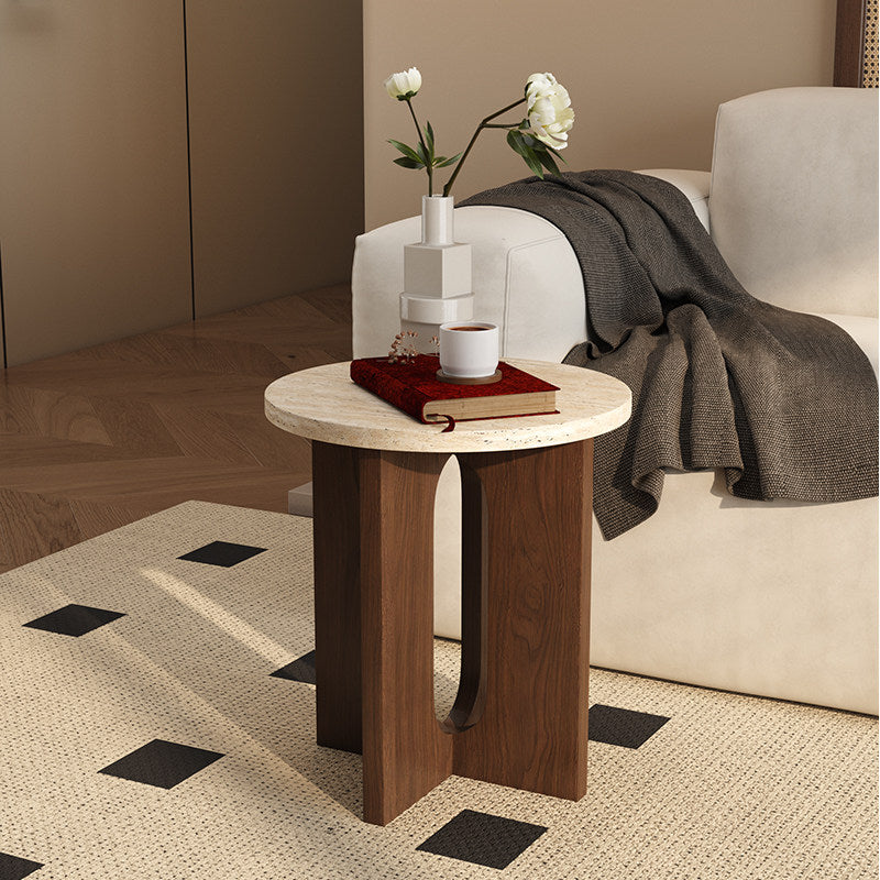 Contemporary Nordic Natural Travertine Pine Wood Round Side Table For Living Room