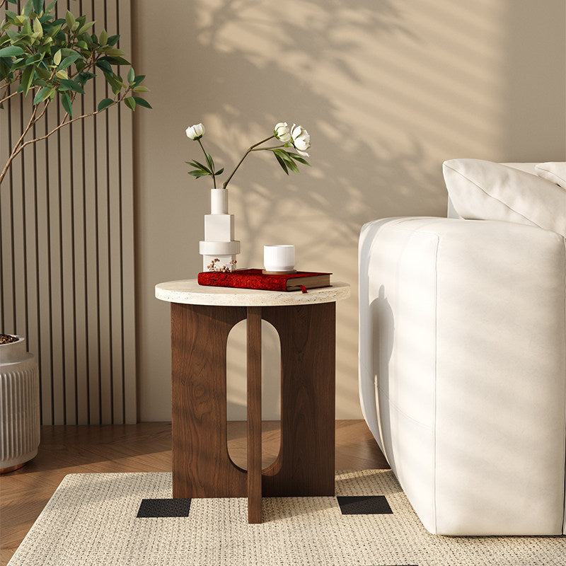Contemporary Nordic Natural Travertine Pine Wood Round Side Table For Living Room