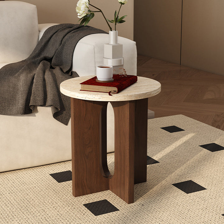 Contemporary Nordic Natural Travertine Pine Wood Round Side Table For Living Room