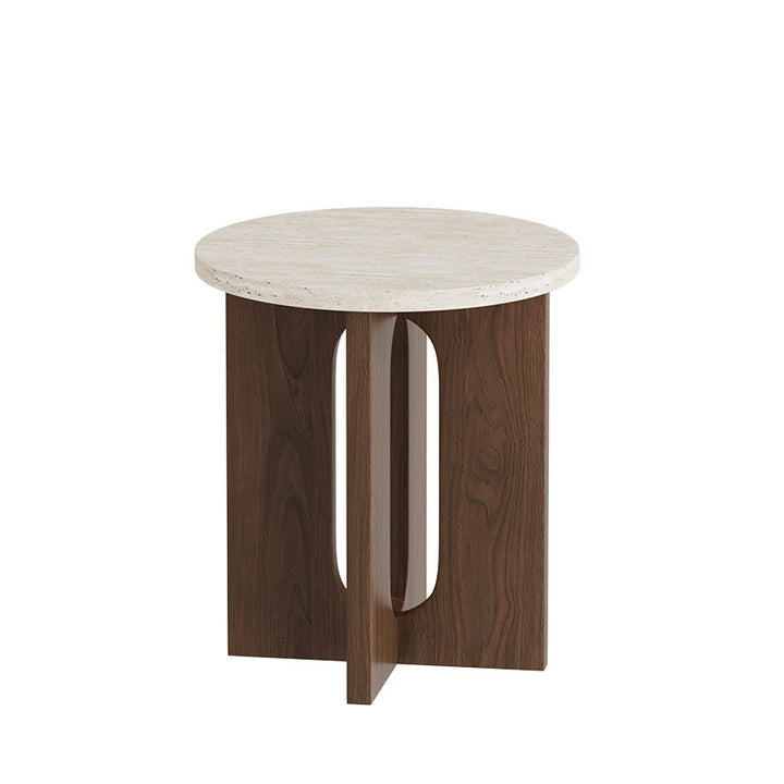 Contemporary Nordic Natural Travertine Pine Wood Round Side Table For Living Room