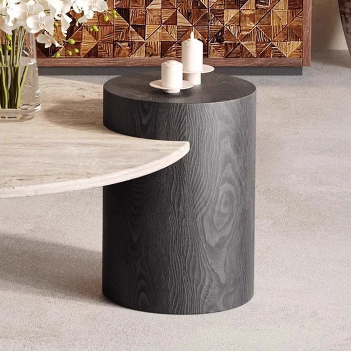 Table basse ronde moderne minimaliste en travertin naturel et bois massif avec plateau à deux niveaux pour salon 