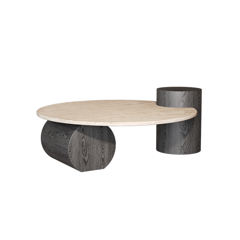 Table basse ronde moderne minimaliste en travertin naturel et bois massif avec plateau à deux niveaux pour salon 