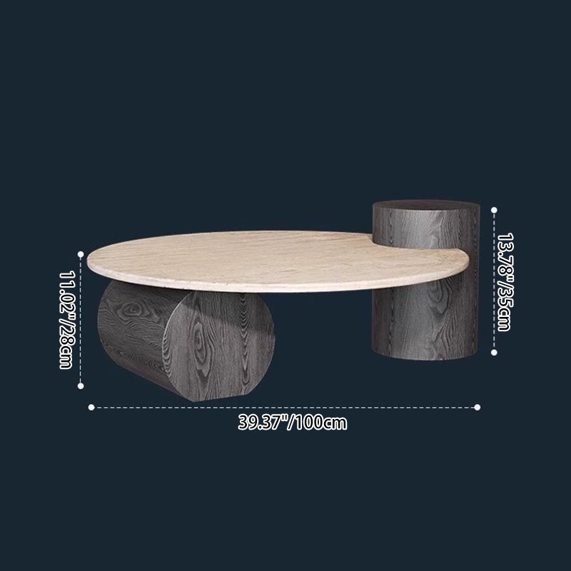Table basse ronde moderne minimaliste en travertin naturel et bois massif avec plateau à deux niveaux pour salon 