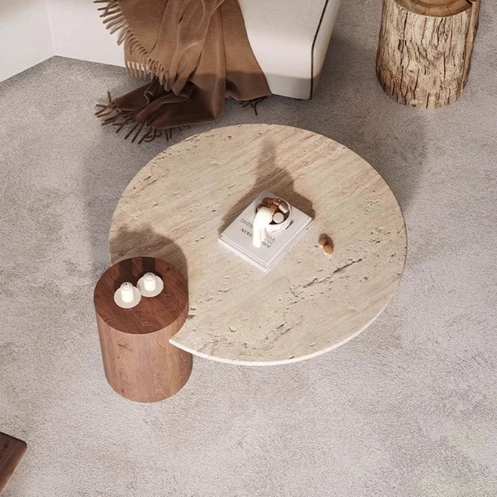 Table basse ronde moderne minimaliste en travertin naturel et bois massif avec plateau à deux niveaux pour salon 