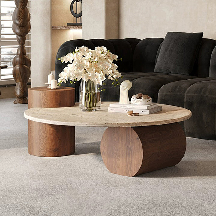 Table basse ronde moderne minimaliste en travertin naturel et bois massif avec plateau à deux niveaux pour salon 