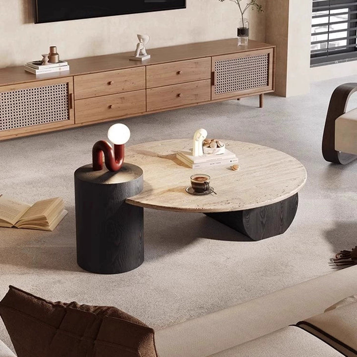Table basse ronde moderne minimaliste en travertin naturel et bois massif avec plateau à deux niveaux pour salon 