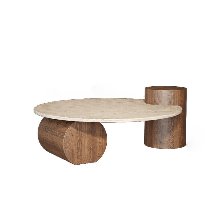 Table basse ronde moderne minimaliste en travertin naturel et bois massif avec plateau à deux niveaux pour salon 