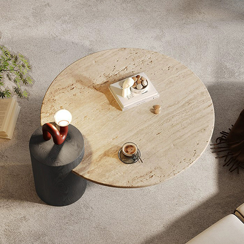 Table basse ronde moderne minimaliste en travertin naturel et bois massif avec plateau à deux niveaux pour salon 