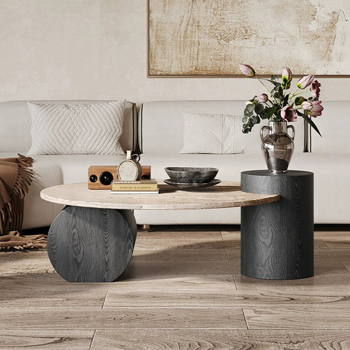 Table basse ronde moderne minimaliste en travertin naturel et bois massif avec plateau à deux niveaux pour salon 