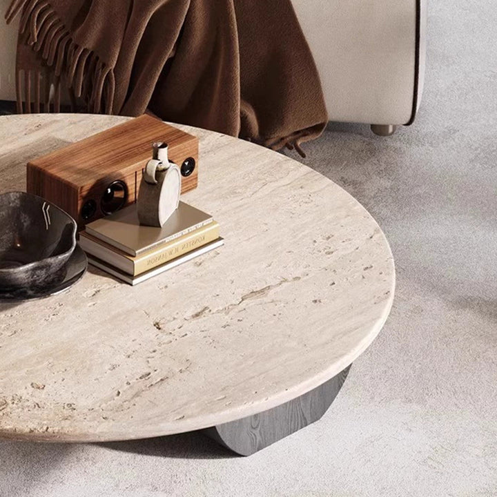 Table basse ronde moderne minimaliste en travertin naturel et bois massif avec plateau à deux niveaux pour salon 