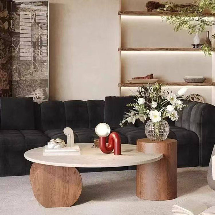 Table basse ronde moderne minimaliste en travertin naturel et bois massif avec plateau à deux niveaux pour salon 