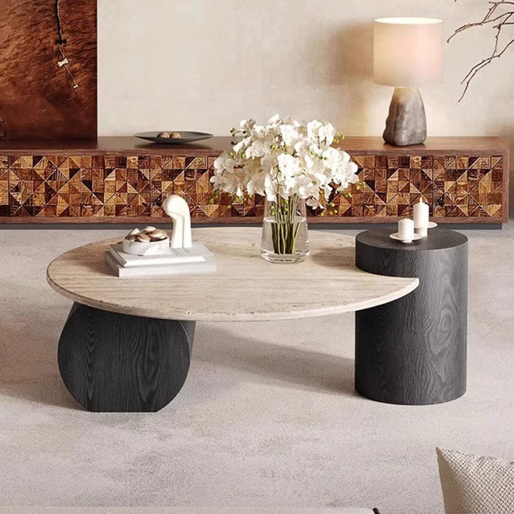 Table basse ronde moderne minimaliste en travertin naturel et bois massif avec plateau à deux niveaux pour salon 