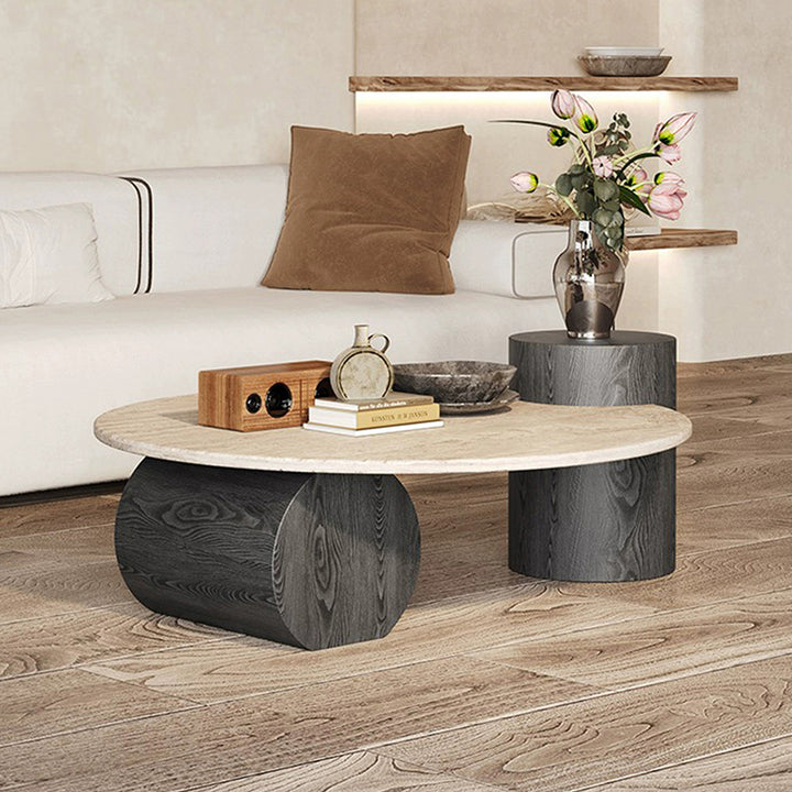 Table basse ronde moderne minimaliste en travertin naturel et bois massif avec plateau à deux niveaux pour salon 