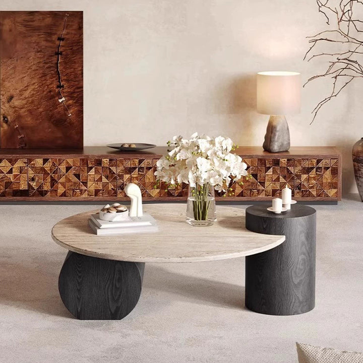 Table basse ronde moderne minimaliste en travertin naturel et bois massif avec plateau à deux niveaux pour salon 