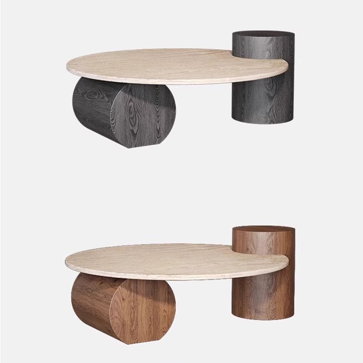 Table basse ronde moderne minimaliste en travertin naturel et bois massif avec plateau à deux niveaux pour salon 