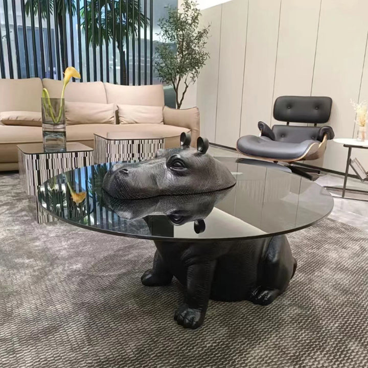Table basse sculpturale hippopotame contemporaine créative en fibre de verre et verre trempé pour salon 
