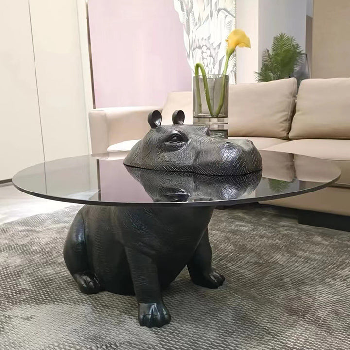 Table basse sculpturale hippopotame contemporaine créative en fibre de verre et verre trempé pour salon 