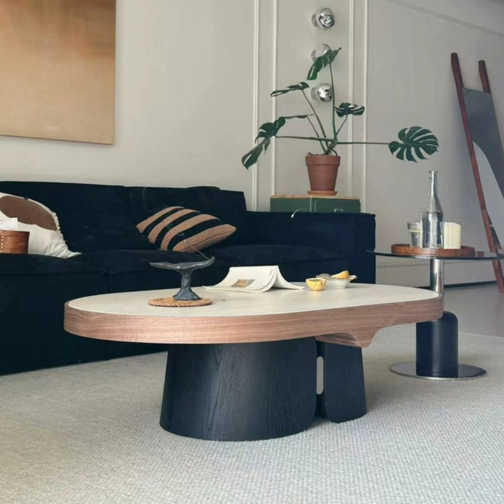 Moderner minimalistischer gelber Travertin Massivholz Sperrholz Edelstahl ovaler Couchtisch für das Wohnzimmer 