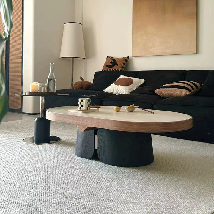Table basse ovale moderne minimaliste en travertin jaune, bois massif, contreplaqué et acier inoxydable pour salon 