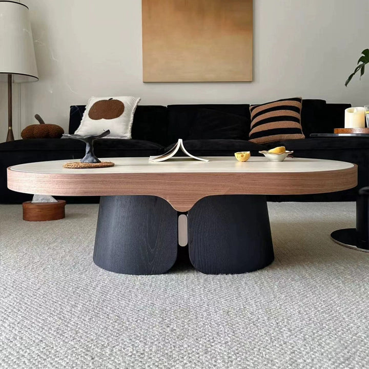 Table basse ovale moderne minimaliste en travertin jaune, bois massif, contreplaqué et acier inoxydable pour salon 