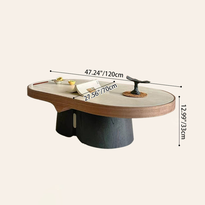 Table basse ovale moderne minimaliste en travertin jaune, bois massif, contreplaqué et acier inoxydable pour salon 