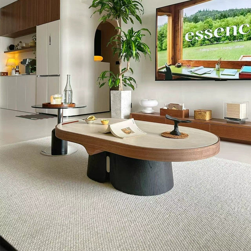 Moderner minimalistischer gelber Travertin Massivholz Sperrholz Edelstahl ovaler Couchtisch für das Wohnzimmer 