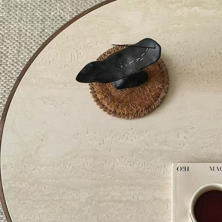 Moderner minimalistischer gelber Travertin Massivholz Sperrholz Edelstahl ovaler Couchtisch für das Wohnzimmer 