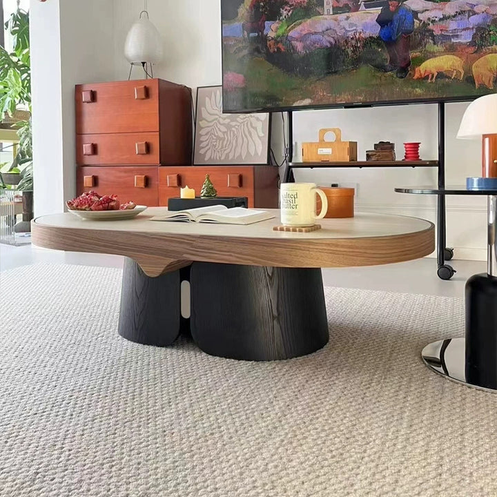 Moderner minimalistischer gelber Travertin Massivholz Sperrholz Edelstahl ovaler Couchtisch für das Wohnzimmer 