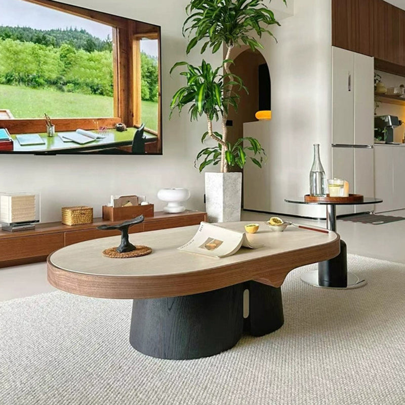 Moderner minimalistischer gelber Travertin Massivholz Sperrholz Edelstahl ovaler Couchtisch für das Wohnzimmer 