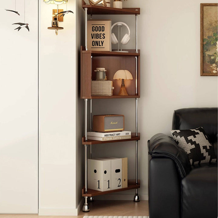 Moderne Retro-Eckregal-Einheit aus Sperrholz und Edelstahl in Dreiecksform mit offener 4/5-stufiger Aufbewahrung für Wohnzimmer und Schlafzimmer 