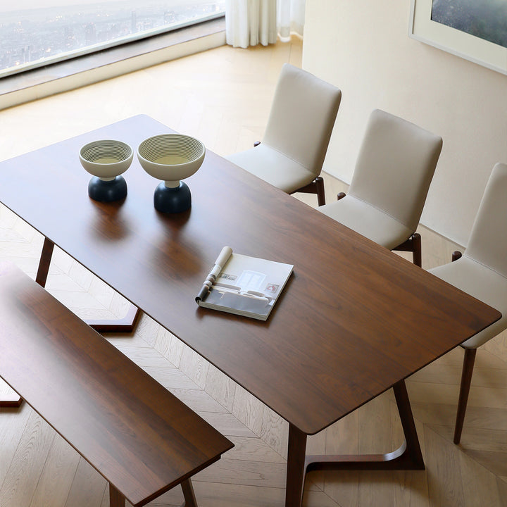 Mesa de comedor rectangular nórdica contemporánea de nogal macizo y madera contrachapada, con carpintería de precisión y ensamblaje de espiga y mortaja, para una durabilidad prolongada, para 4-8 plazas 