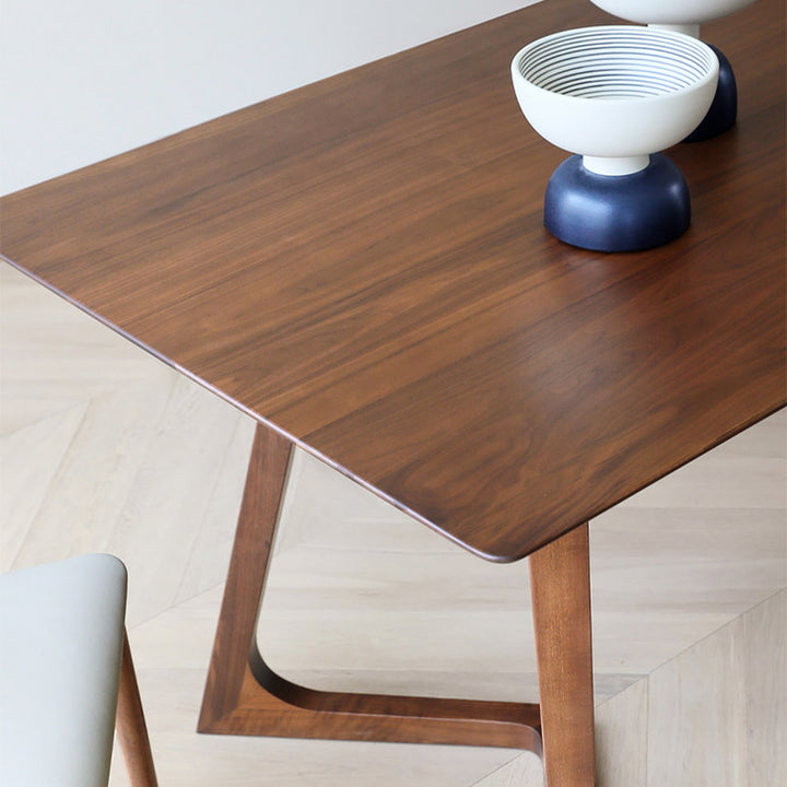 Mesa de comedor rectangular nórdica contemporánea de nogal macizo y madera contrachapada, con carpintería de precisión y ensamblaje de espiga y mortaja, para una durabilidad prolongada, para 4-8 plazas 